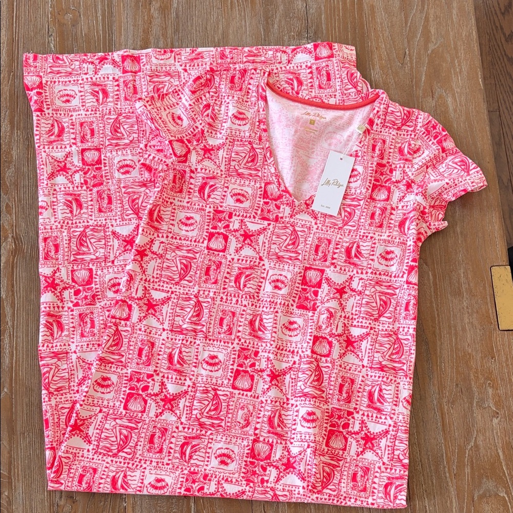 NWT Lilly Pulitzer Pink Nautical Stamp Print V-Neck Tee